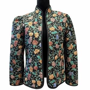 Women's Vintage Floral Quilted Puffer Jacket Blazer Black Trim Size Small